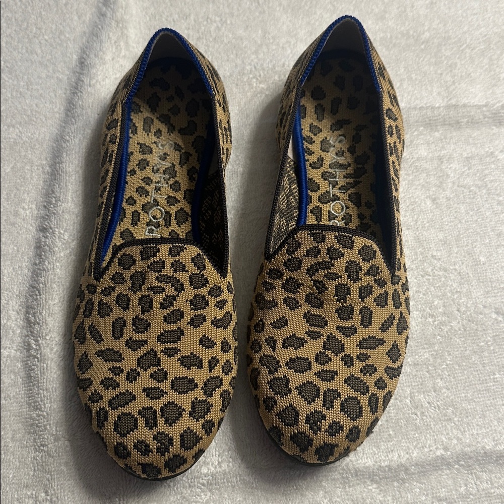 Rothy's Tan and Black Animal Print Loafers with Blue Trim